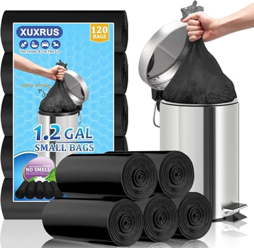 XUXRUS Lot de 120 sacs poubelle noirs de 5 litres, petits sacs poubelle résistants et durables, anti-déchirure et anti-rupture pour salle de bain, maison et bureau (40 x 45 cm)