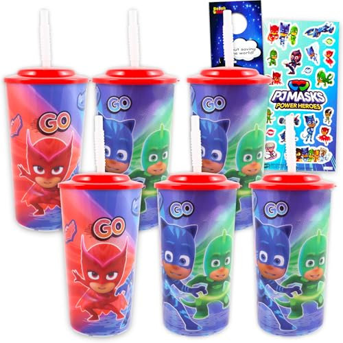 Disney PJ Masks Reusable Cups for Kids - 6 Piece Bundle with 16 Oz Cups with Lids and Straw Plus Stickers, More for Boys and Girls | PJ Masks Tumbler with Straw Party Supplies Set