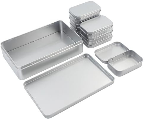 Goodma 9 Stück rechteckige leere Blechdosen, Silber | Gemischte Größen, Geschenk- und Schmuckaufbewahrung, Haushaltsorganizer, Aufbewahrungsdosen-Set