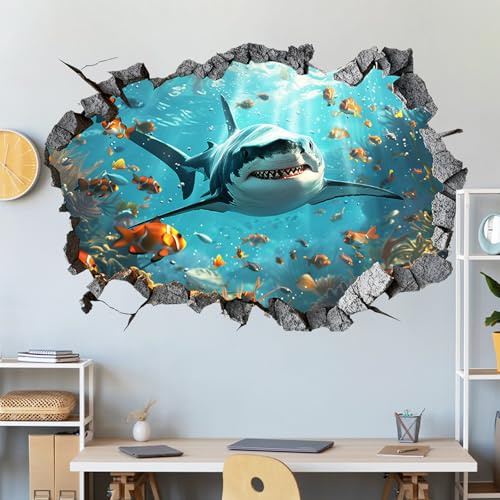 Adesivi da parete 3D sotto il mare, decalcomanie da parete a forma di squalo, adesivo rimovibile per bambini, ragazzi, cameretta dei bambini, camera da letto, bagno, centro commerciale, decorazione in