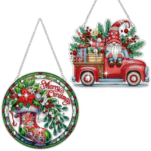 Fokenzary 5D Diamond Painting Set für Erwachsene DIY Weihnachtsmann Weihnachtsstrumpf Diamant Kristall Anhänger Wohnzimmerdekoration (24cm*24cm*2 Stück)
