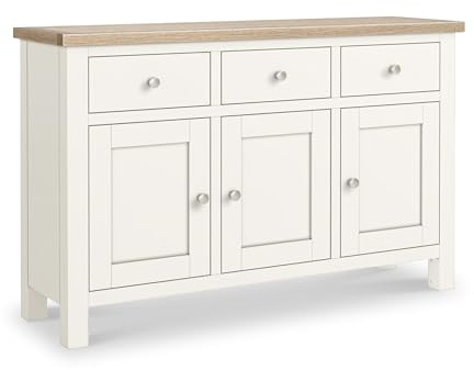 RoselandFurniture Farro Coconut White Large Sideboard for Living Room | Fully Assembled, 3 Door Buffet Cabinet with Washed Oak Top, Painted Finish, Modern Farmhouse Style, H80cm W125cm D36cm