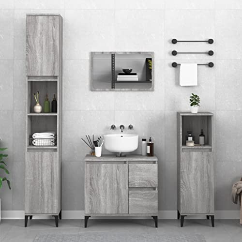 ChicAbode 3-TLG. Badmöbel-Set Grau Sonoma Holzwerkstoff Badschrank Metallfüße, Badezimmer Unterschrank Hochschrank Midischrank, Badezimmermöbel
