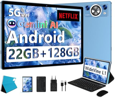 AI Tablet 10 Zoll Android,Tablets mit Tastatur, 8000mAh ,Octa-Core 2.0Ghz, 5G+2.4G WLAN, 22GB RAM+128GB ROM TF 2TB, BT 5.0, GPS, Widevine L1, Gesichtserkennung, 1280*800, 8+5MP, Tablet mit Maus - Blau
