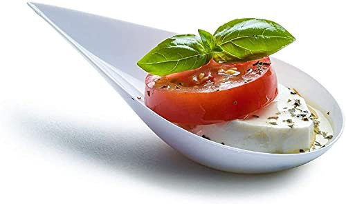 DLux 100 4-in Tear Drop Mini Appetizer Plates, White Plastic Spoons - Desserts and Appetizers Dishes Serving Plate - Asian Spoon Set, Small Catering Dessert Tasting Cups - with Recipe Ebook