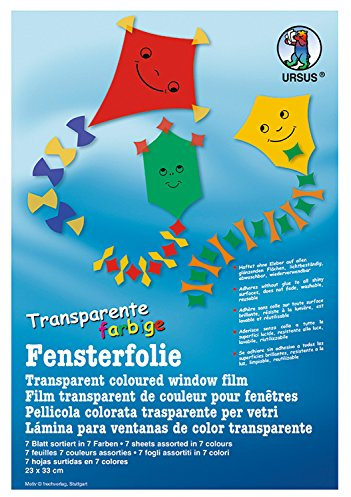 Ursus 2470099 - Fensterfolie transparent, ca. 23 x 33 cm, 7 Blatt sortiert in 7 verschiedenen Farben, lichtbeständig, abwaschbar, wiederverwendbar, haftet ohne Kleber auf allen glänzenden Flächen