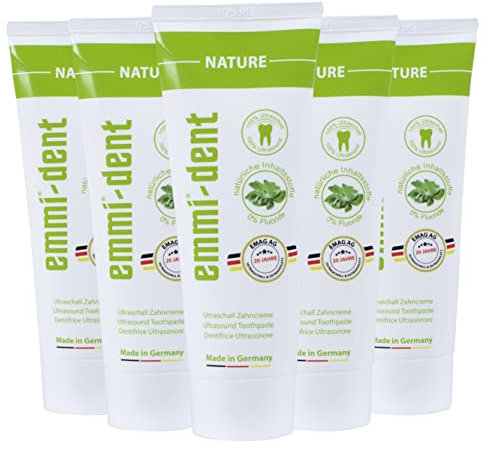 emmi-dent Ultraschall Zahncreme „Nature“ I Ideal für empfindliche Zähne und Zahnfleisch I Frei von Mikroplastik & Nanomaterialien I Vegan & glutenfrei I 5x 75 ml