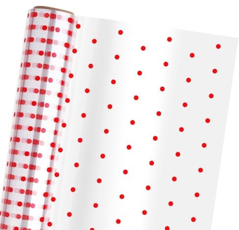 STOBOK Cellophan Transparent Geschenkpapier Rolle | 40CM x 30M Geschenkpapier Zellophan,Roter Punkt 2.5 Mil Dicke Lange Film Geschenk Kristall Papier Transparentpapier für Kunst, Blumen