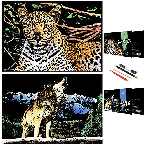 Scratch Painting Art Paper, Animal Series Scratchboard für Kinder & Erwachsene, Geschenke & Arts Craft Kits mit 4 Werkzeugen, Größe: 16 '' x 11 '' (Wolf & Cheetah)