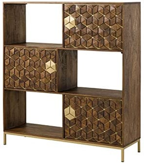 DIAMOND Standregal Wohzimmer breit aus Mango Massivholz, Regal braun geölt auf Eisengestell, Bücherregal 3 offene Fächer, 3 Türen Push-To-Open, goldfarbenes Eisengestell, Mosaik, Ornamente, Muster