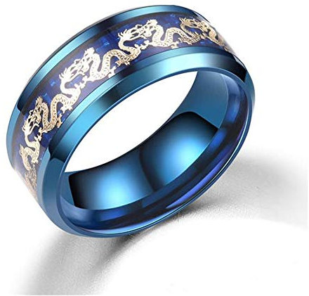 BlackAmazement 316 Edelstahl Carbon Ring Drache Lucky Dragon 8mm Gold blau schwarz Damen Herren (Blue, 52 (16.6))