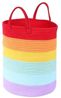 Großer Regenbogenkorb, 45,7 x 35,6 cm, bunte Klassenzimmer-Dekoration für Kinder, Spielzeug-Aufbewahrungskörbe zum Organisieren, Baby-Baumwollseil, Wäschekorb mit Griffen für Kinderzimmer,