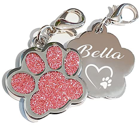 Edelstahl Hundemarke mit Gravur Glitzerpfote Plakette graviert Name Telefonnummer Adressanhänger personalisiert dog tag für Hunde oder Katzen (rosa), 27x29x2,20 mm (ca. 2 Euro Münze)