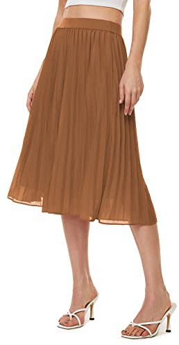 Durio Midirock Damen Faltenrock Plissee Damenrock Leicht Casualrock Chiffon Röcke A-Linie Braun 40(Tag Size L)