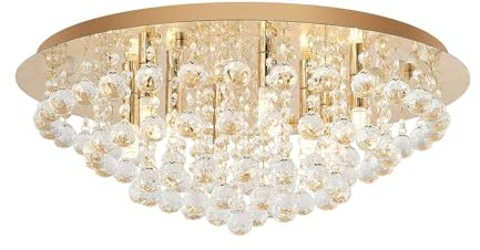 Lindby Kristall Deckenlampe goldfarben, Kronleuchter Deckenleuchte 8x G9 ohne Leuchtmittel Wohnzimmerlampe Schlafzimmerlampe Esszimmerlampe Büro