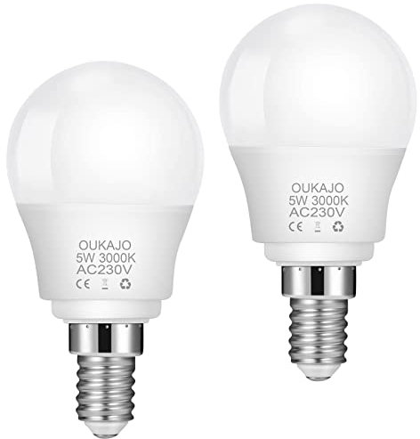 OUKAJO E14 LED Light Bulb,5W,40W Equivalent,3000K Warm White,Small Edison Screw,CRI>80,Non Flicker,Non Dimmable,2 Pack