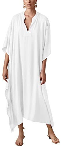 Bsubseach Women White Silky Kaftan Dresses Batwing Sleeve Swimsuit Cover Up V Neck Caftan Maxi Dress Summer