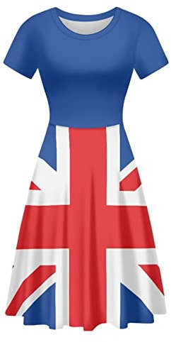 Biyejit Robes à imprimé 3D pour femme - Manches courtes - Robe évasée décontractée et fluide, Drapeau du Royaume-Uni., XL