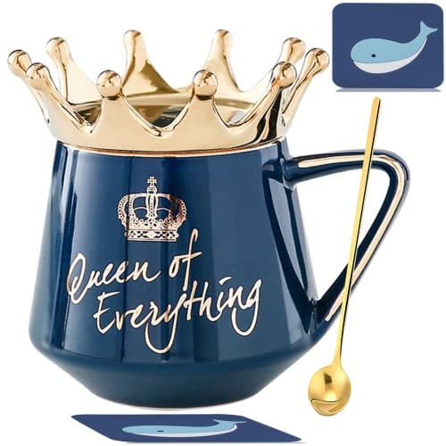 Arawat Queen Of Everything Mug Con Coperchio Tazza Regalo Con Corona Tazza Da Caffè Blu Tazza Da Tè In Ceramica Da 350 Ml Regalo Di Compleanno Per Donne Ragazze Mamma Fidanzata