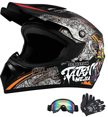 Senhill Casque de Motocross Tout-Terrain ATV Casque avec Gants Lunettes (Noir, M)