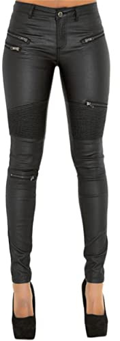 Generisch JIER Damen Lederhose Sexy Skinny Bikerhose PU Leder Look mit Reißverschluss Biker Pants Leggings Große Größe Jeanshose Denim Bleistift Hose Jeanshose