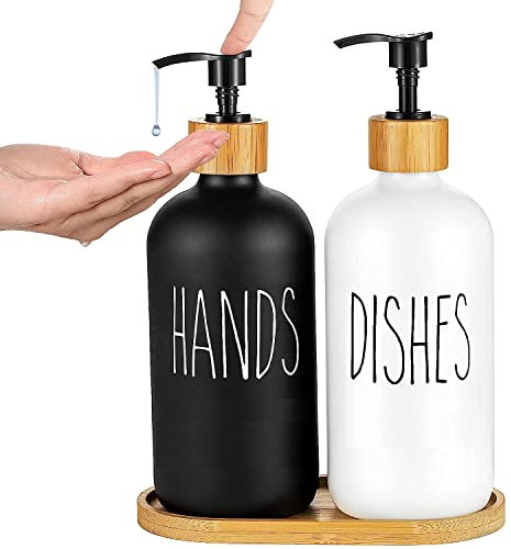 Aoipend Kitchen Soap Dispenser Set, 2 Pack Glass Hand Soap Bottle, Dish Soap Dispenser for Kitchen Bathroom with Pump 500ml (Black, White)