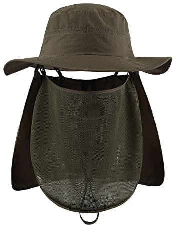 Magracy Sonnenhut für Herren, LSF 50+, breite Krempe, Safari-Hut mit Halsklappe, Gesichtsabdeckung, Armee-grün