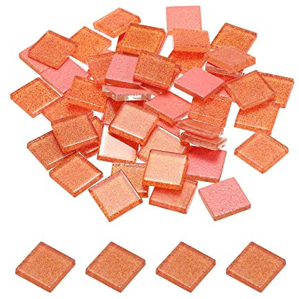 sourcing map Mosaik Fliesen Glas Fliesen Glanz Kristall Glas Stücke Masse Quadrat Glitzer Kristall 2 x 2cm für Haus Dekoration Basteln Handwerk Pack von 50(200g Fluoreszierend Orange)