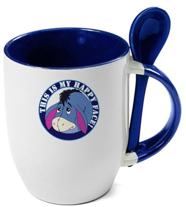 Giftme Cartoon Cute Eeyore Donkey, This is My Happy Face!, Unique Spoon Ceramic Mug. (Blue)