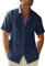 Glacspyg Men's Linen Short Summer Short Sleeve Guayabera Linen Shirt Work Casual Shirt Fit Business Casual Holiday Navy Blue XL