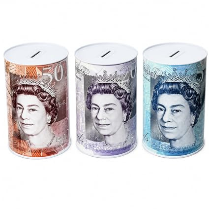 Bargain House Money Saving Tin Piggy Bank for Kids & Adults Pack of 3 | Cylindrical money saving tin for notes and coins. Suitable for kids and adults, with a fun random design.
