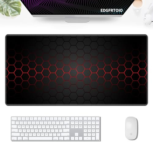 Gaming-Mauspad, EDGFRTOIO Tastatur-Mauspad, 80 x 40 cm, XXL, große Computer-Laptop-Tischunterlage mit rutschfester Gummiunterseite und genähtem Rand für Heimbüroarbeit, rote Hexagon-Technologie