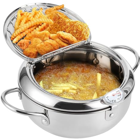 Tempura Friteuse Acier Inoxydable avec Thermomètre, Poignée Froide, Style Japonais