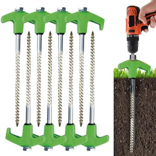 Emiif Tent Pegs, 8 Screw in Tent Stakes Awning Pegs Heavy Duty Hard Ground Anchor Ground Pegs for Tents, Canopy, Gazebo, Awning, Guy Lines or Tarps(Green 8+1)