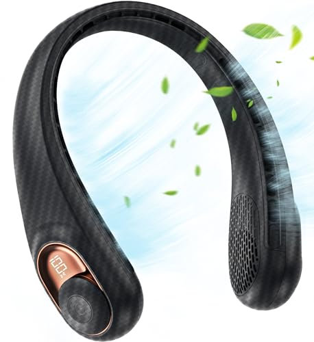 JIAGE Neck Fan, Bladeless Wearable Hands-Free Portable Fan, 5200mAh Rechargeable, 360° Cooling with 3 Speeds, Ultra-Quiet Personal Fan LED Display, Idea for Home, Office, Travel, Sports- Carbon Fiber