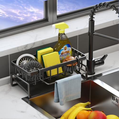 VILCEN Organizador Cocina, Organizador Fregadero Acero Inoxidable con Bandeja de Drenaje Autodrenante para Soporte de Esponja, Toallero, Soporte para Paños Cocina, Accesorios de Cocina (Negro)