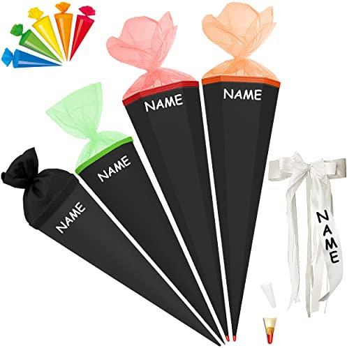 alles-meine.de GmbH Set_ Schultüte - Rohling - SCHWARZ + 5 kleine Zuckertüten - Größe wählbar - 35-100 cm - 6 eckig - incl. Name und individueller großer Schleife - Tüllabschl..