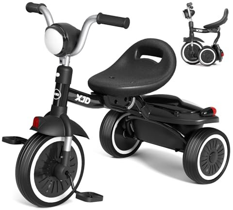 XJD Baby Dreirad, Klappbares Kinderdreirad mit Verstellbarer Sitz und Kleinkind Dreirad für 1-5 Jahren Mädchen und Jungen, Dreiräder für Kinder (Schwarz)