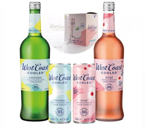 West Coast Cooler Wine Cooler Gift Set Bundle | Original And Rosé, 750ml Bottles And 250ml Cans | Branded Glass | With 2 Celebration Spirits Coasters