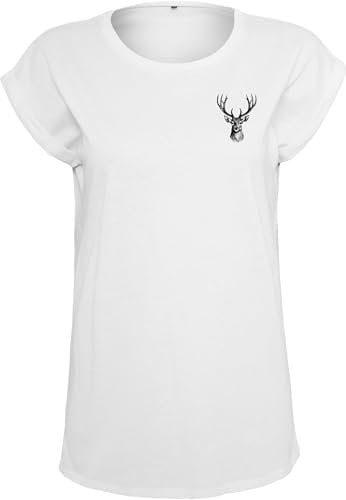 Baddery Freizeit Tshirt Damen - Hirschkopf - Geschenke für Jägerinnen - Jagd T-Shirt Frauen Jäger Kleidung - Party Outfit (Loose Fit Weiß M)