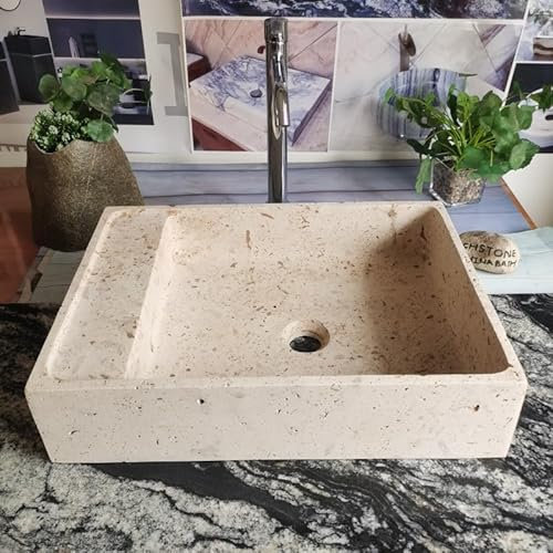 Lavabo rectangulaire Beige Travertin 50 x 36 x 12 cm Intérieur mat Extérieur découpé à la scie