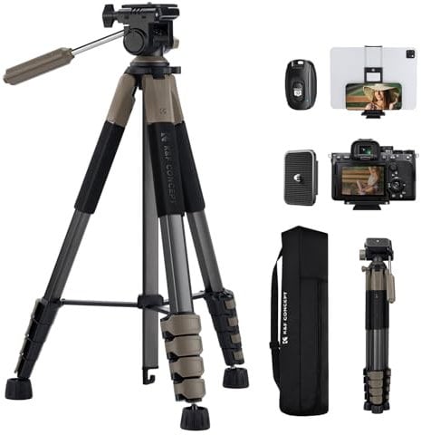 190cm/75'' K&F Concept Compact Tripod for DSLR Camera, Camera Tripod for Canon Nikon Sony with 2-in-1 Phone Tablet Holder, Travel Tripod with Bluetooth, Load Capacity 4kg (Grey)
