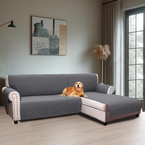 BellaHills Sofabezug L Form 3 Sitzer (247cm), Couch Überzug L Form Mit Armlehne, Ecksofa Bezug Rechts Für Hund Katze, Sofa Überzug Eckcouch rutschfest Sofa Auflage für Wohnzimmer, Grau