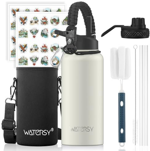WATERSY Borraccia Termica 950 ml, Bottiglia d'acqua con Cannucce e Manico, Grande Bottiglia Termica in Acciaio Inox con 2 Coperchi, Senza BPA, per Sport, Campeggio, Palestra (Bianco)