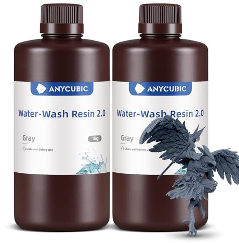 ANYCUBIC Upgraded Water Washable Resin 2.0, 3D Drucker Resin Wasser Waschbar, Anti-Vergilbung, 405nm UV Resin Photopolymer Harz für alle Harz 3D Drucker, Grau 1000g, 2pcs