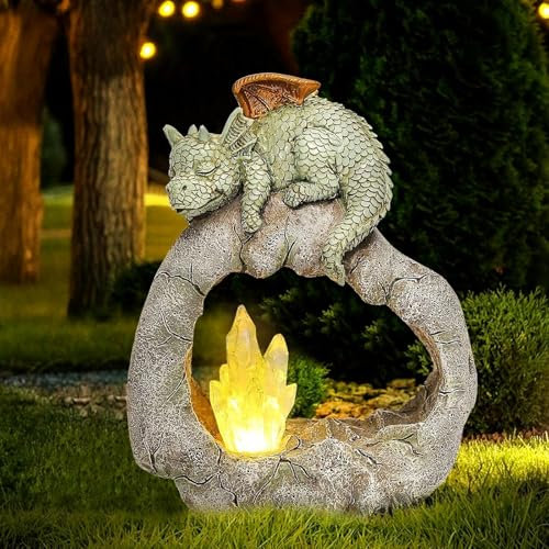 Justup Solar Garten Statuen Drachen Figuren für Draußen, Gartenfiguren Deko mit LED Solar Licht Wasserdicht, Drachens Dekor für Garten Patio, Geschenke für Mutter Oma Frauen (Drachen)