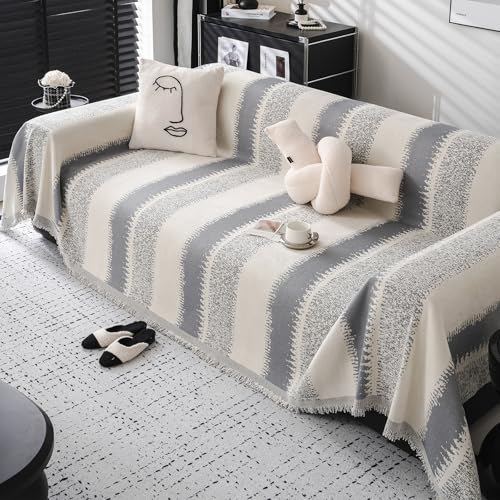 DeepDream Sofa Überzug 1/2/3/4 Sitzer, Chenille Sofaüberwurf Waschbar L Form Sektionssofa, Couch Überzug Sofa Überwurfdecke Futonbezug für Haustiere Kinder, 180 x 300cm, Gestreift Grau