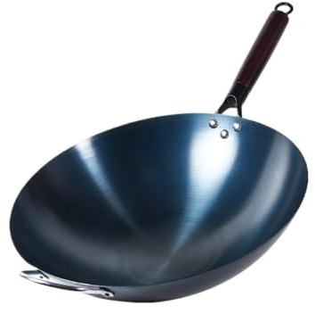 lluoqian Pre-Seasoned Carbon Steel Wok - Uncoated Round Bottom Stir Fry Pan(40CM)