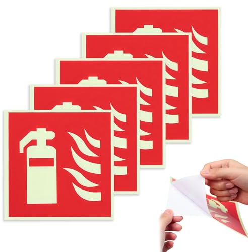 HX-pyahgtv 5 Stück Feuerlöscher Schild, 15cm x 15cm PVC Nachleuchtend Feuerlöscher Aufkleber, Selbstklebend Brandschutztür Aufkleber für Haus, Büro, Krankenhaus, Baustelle und Auto