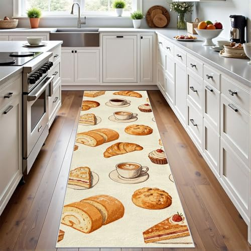 Meugesoi Dessert Kuchen Teppich Läufer Flur 60x120 cmKöstliche Lebensmittel Teppichläufer Coffee Brot Küchenläufer Küche Teppiche rutschfest Waschbar Bettvorleger für Flur Waschküche